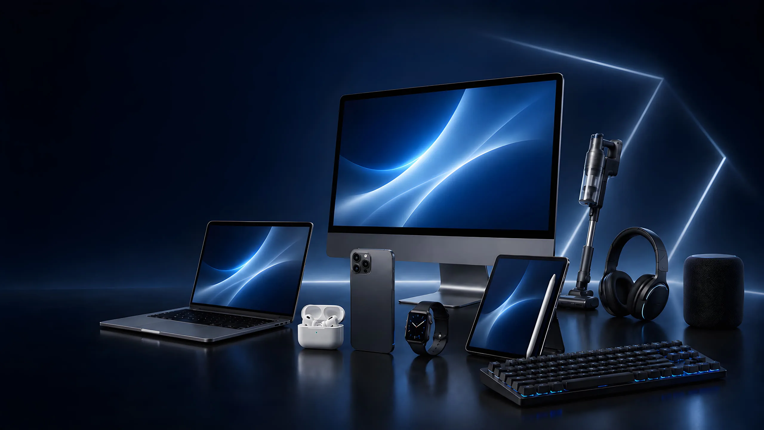 A family of QuickSilver-verified devices — desktop, laptop, phone, tablet, watch, earbuds, headphones, speaker, stick vacuum and a backlit keyboard — under one blue studio light