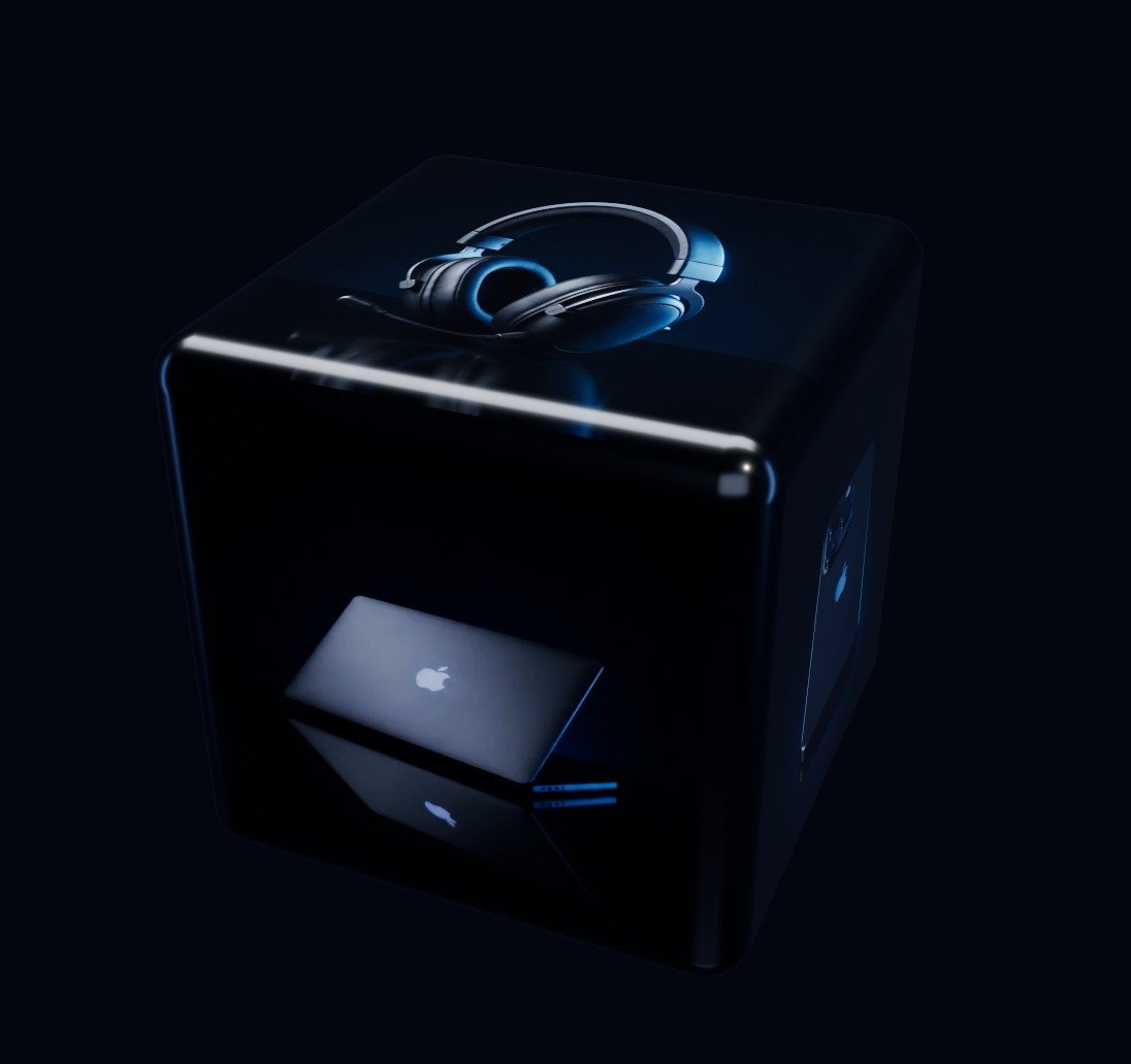 A rounded die with product photos on its faces, corner-on under cool studio light