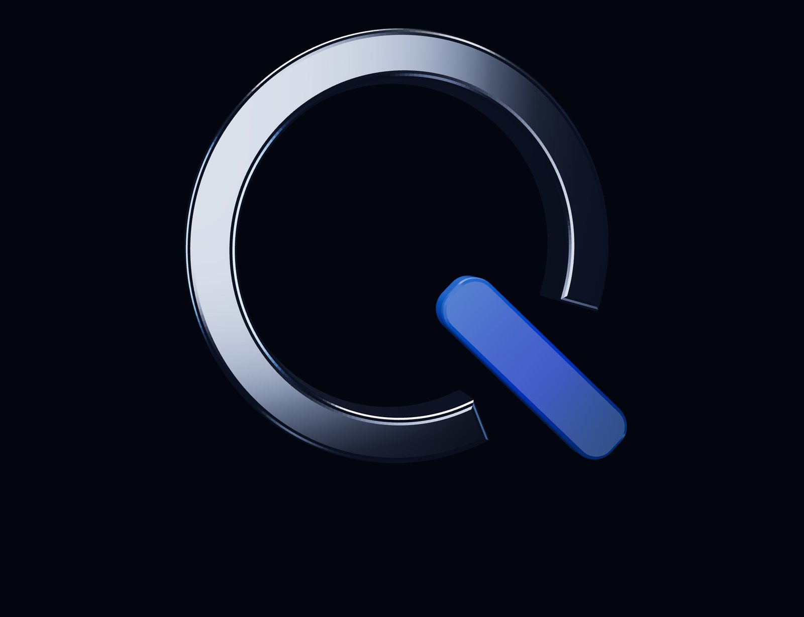 Chrome QuickSilver Q mark with a blue slash, lit by cool studio reflections