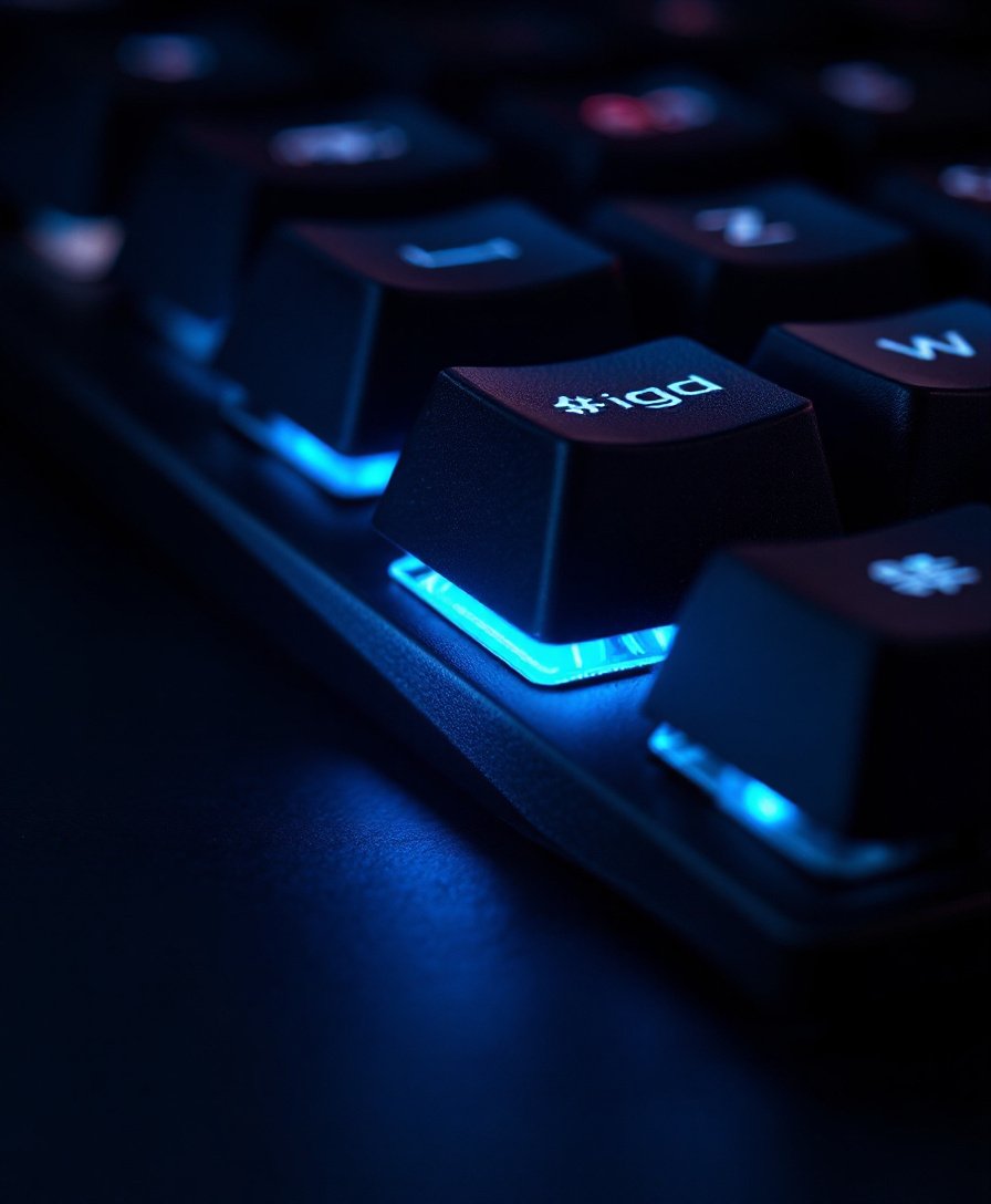 Extreme macro of backlit mechanical keyboard keycaps glowing blue